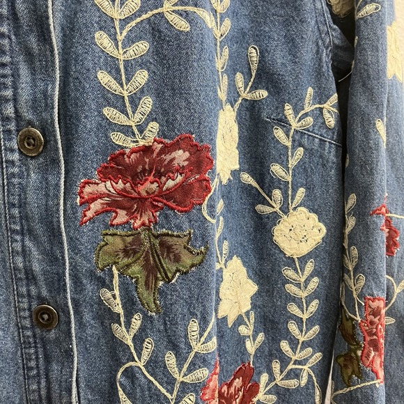 VTG Denim & Co Floral Denim Button Up Womens Large AOP Embroidered Y2K Flowers - Picture 4 of 10